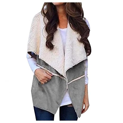 Fleeceväst dam ärmlös – stickad väst dam – övergångsjacka jacka elegant damväst asymmetrisk lavekappa öppen fram, cardigan-dun, sherpakappa, korta jackor, S – 3XL, GRÅ, 3XL