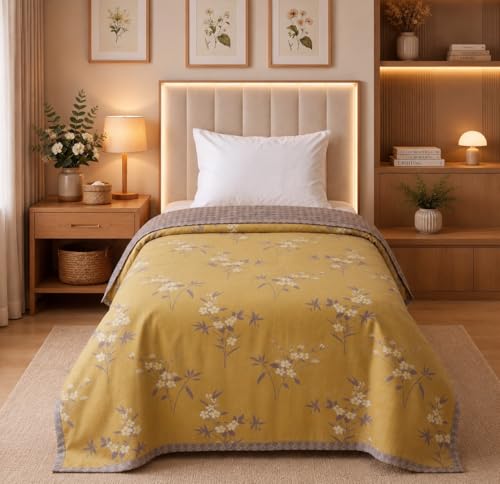 Image of BSB HOME Cotton Dohar for Single Bed, Lightweight AC Dohar Blanket, Soft Breathable Fabric, All-Season Comfort, Easy Care - 58 x 88 Inches (147 x 224 cm) (Mustard Meadow)