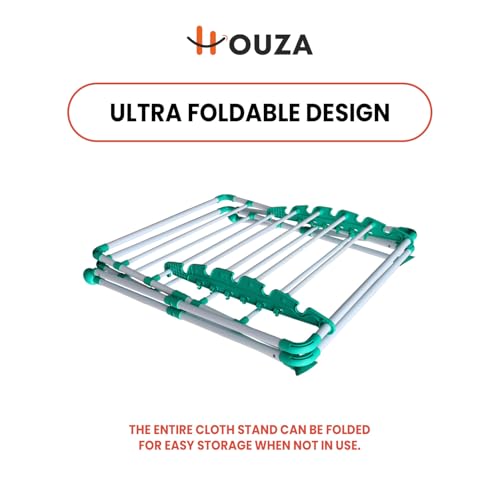Image of HOUZA Alloy Steel Extra Large Cloth Drying Stand | Foldable Cloth Dryer Stand | Additional Hanger Slots to Hang Shirts on a Hanger| (White, Green)