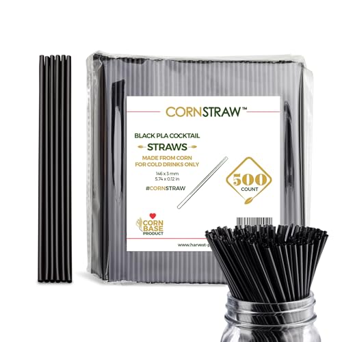 [500 COUNT]CORNSTRAW 5 Short Cocktail Straws & Coffee Stirrers - Eco-Friendly PLA Cornstarch Plastic-Free Black Straws - Sip Stir Sticks for Whiskey Cocktails Cold Drinks - Bar & Party Supplies