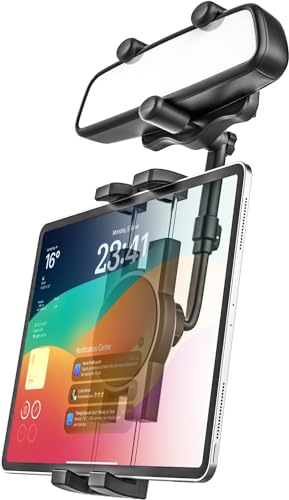 GDZN Rearview Mirror Car Tablet Mount, Retractable Arm Rear View Mirror Tablet Holder, 360° Rotatable Tablet Mirror Clip Compatible with iPad Pro Air Mini, Galaxy Tabs, Z Fold, Phone, 4-11