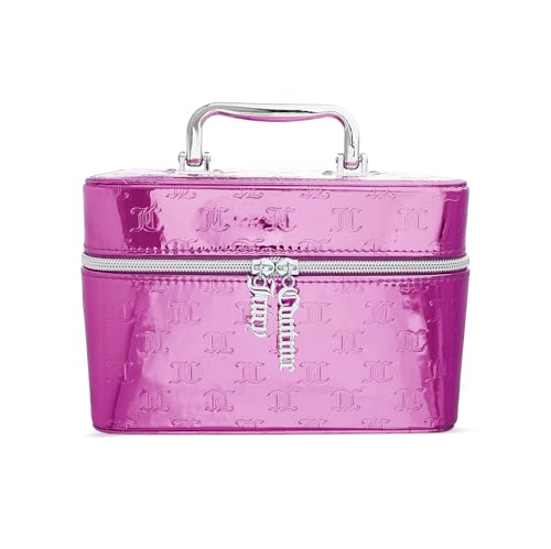 Juicy Couture Hot Pink Makeup Bag Cosmetics Organizer Travel Essentials Train Case Shiny Logo