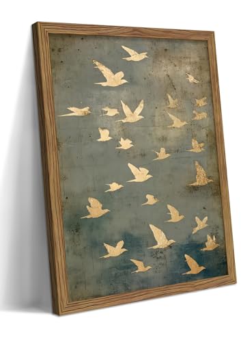 Framed Flock of Birds Canvas Wall Art, Vintage...
