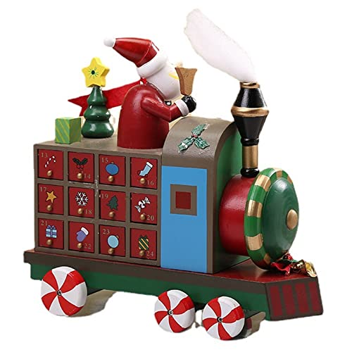 Calendrier du Compte à Rebours du Train du Père Noël en Bois, Décorations De Calendrier De L'avent De Noël pour La Décoration De Table des Fêtes,Ornement De L'Avent Noël-30*27.5*14cm-Former Cover