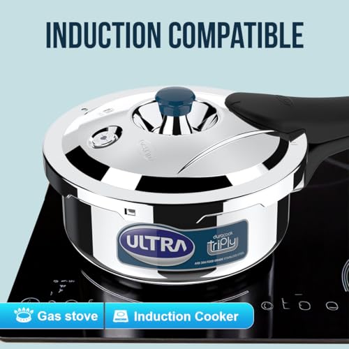 Image of ULTRA Duracook Triply 1.5 L Pressure Cooker | AISI 304 Food Grade Stainless Steel Cooker, Froth Collector, Solid Bakelite Handles, Induction Compatible, Broad Base, 5 Years Warranty