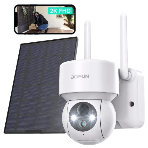 BOIFUN 2K 15000mAh Batería Camara Vigilancia WiFi Exterior, Visión Nocturna a Color 360° Camara de Seguridad con Panel Solar, Detección Humana PIR, Alarma de Luz y Sonido