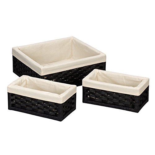 Household Essentials ML-7022 Set of Three Wicker Storage Baskets with Removable Liners | Paper Rope Black Stain