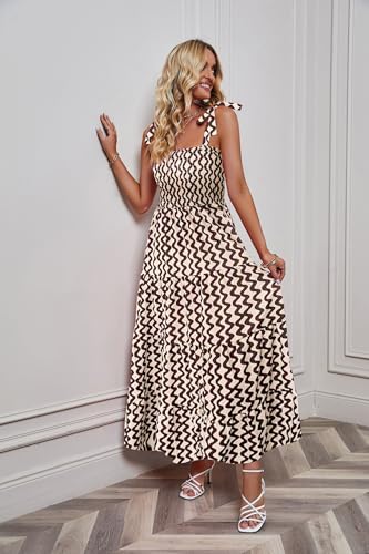 Image of kinstell Women's Summer Boho Spaghetti Strap Square Neck Ruffle Casual Flowy Long Dress Beach Swing Party Maxi Dress