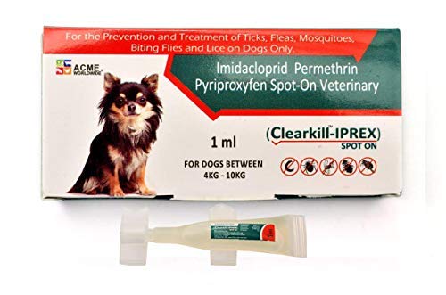 Clearkill IPREX Spot On - Single Pipette of 1ml, Prevention & Treatment of Fleas, Ticks and Chewing Lice Infestation in Dogs Weighing Between 4 kg - 10 kg