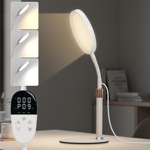Light Therapy lamp,10000 Lux LED UV-Free Sunlight Lamp,Full Spectrum Happy Therapy Desklamp with with UV-Free,3 Color & 9 Brightness Level & Timer for Home,Office,Decoration (White E)