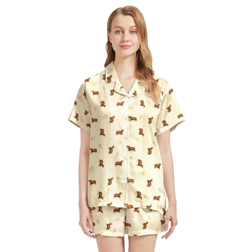 Image of Funny Satin Pajamas Set for Women Button Down Sleepwear Print Pjs Set 2 Piece Short Sleeve Loungewear Gift for Women