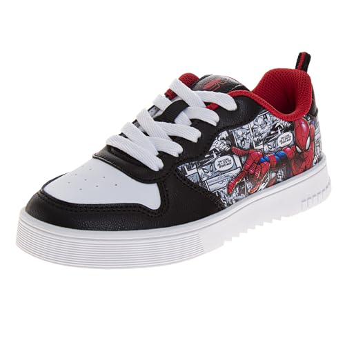 Josmo Kids Spiderman Low Top Shoes Casual Fashion Lace Up Sneaker - Lightweight Breathable Spidey Shoe Lowtop Sneakers - Black White Red (Size 1 Big Kid)