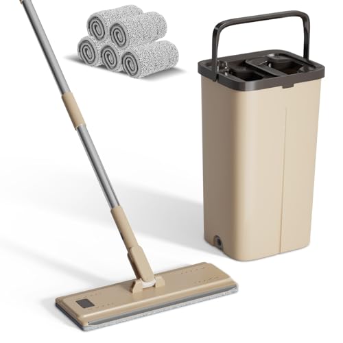 Eukue Conjunto de esfregona e balde, esfregão de chão plano com cubos de função de escorrer, roupa esfregona com cubo de corredor, roupa plana em microfibra com 6 almofadas para madeira rígida