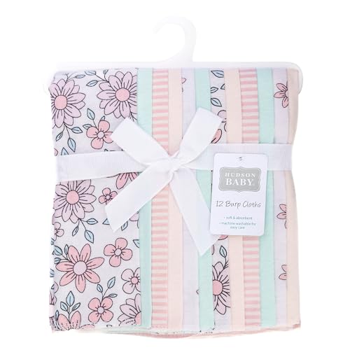 Image of Hudson Baby Infant Girls Cotton Flannel Burp Cloths 12-Pack Bundle, Pink Mint Floral, One Size