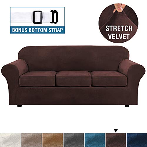 H.VERSAILTEX Modern Velvet Plush 4 Piece High Stretch Sofa Slipcover Strap Sofa Cover