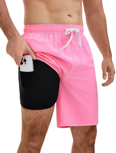 YnimioAOX Mens Swim Trunks with Compression Liner 9 Inch Bathing Suits 2 in 1 Quick Dry Board Shorts with Pockets Pink XL
