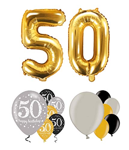 Preisvergleich Produktbild Feste Feiern Geburtstagsdeko 50. Geburtstag I 14 Teile Zahlenballon Luftballon Folie Zahl 50 Gold Schwarz Silber metallic Deko-Set Happy Birthday