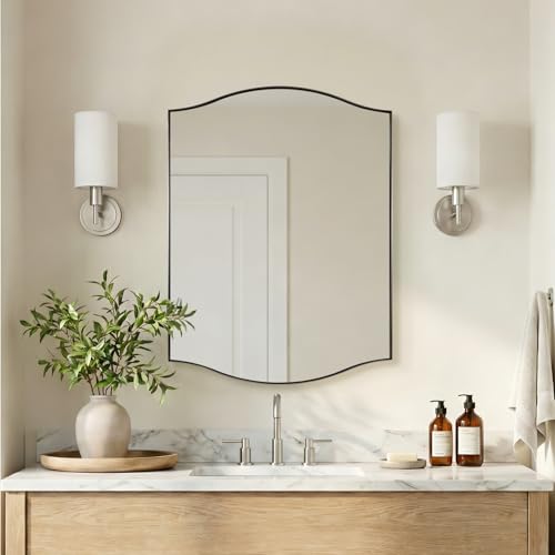 Image of ANDY STAR Scalloped Bathroom Mirror,24 inchx32 inch Brushed Nickel Rectangle Wall Mirror with Curved Edge Stainless Steel Metal Frame, Silver Vanity Wall-Mounted Mirror for Bathroom, Entryway