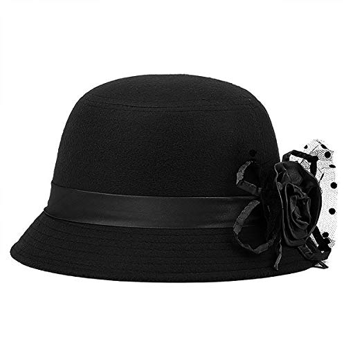 Glamorstar Vintage Felt Cloche Hat Winter Floral Fedora Bucket Hat Bowler Hats Black