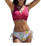  Damen Bikini Set Sexy Twist Front Lace Up Bikini Wickel Bademode Blumenmuster Push Up Zweiteiliger Badeanzug Strandbikini Swimsuit (Rot, M)