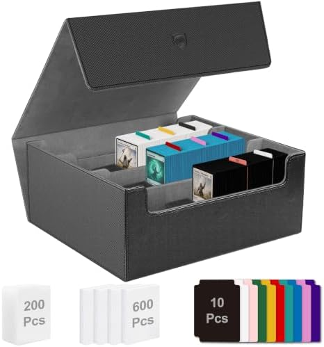 Kartenbox mit 200 Toploadern und 600 Kartenhüllen, Fasst 1800 eingehüllte Karten, Sammelkarten-Aufbewahrungsbox mit Magnetverschluss, 10 Trennern & 6 Stoppern für Sportkarten & TCG