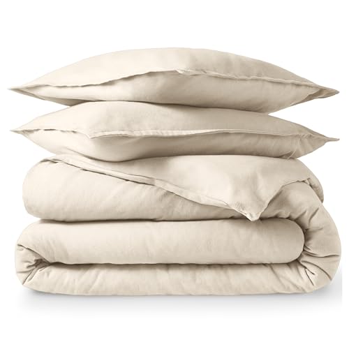 Bare Home Flannel Duvet Cover Set - Queen - 100% Cotton, Velvety Soft Heavyweight Premium Flannel, Double Brushed - Includes Sham Pillow Covers (Queen, Sand)