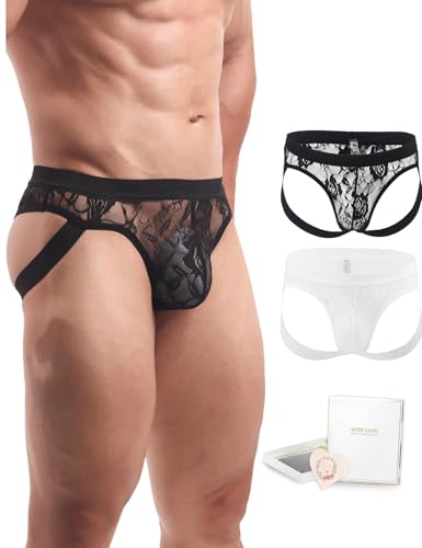Image of ohmydear Men's Jockstrap Low Rise Lace Jock Straps for Men Athletic Supporter Mens Thongs Underwear Bulge Pouch Sissy Lingerie Elastic Waistband White Underpants 2 Pack