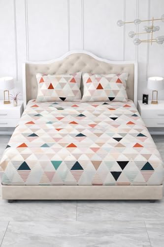 Image of 300 TC Cotton Feel Glace Cotton Elastic Fitted Bedsheet for King Size Double Bed | Fits up to 8 Inch Mattress | Printed Bedsheet with 2 Pillow Covers (White Zik Zak, King Size - 72 inchx78 inch)
