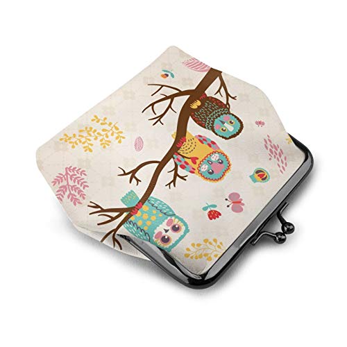 Cute Owls Women's Leather Coin Purse, Small Change Pouch With Kiss-Lock Clasp Closure Buckle Wallet For Girl Gift #TOP2
