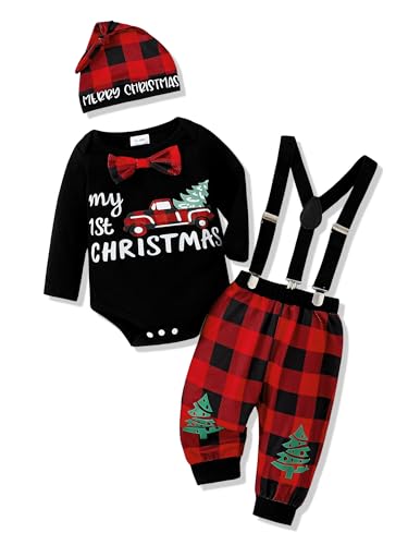 Image of AMAWMW Newborn Baby Boy First Christmas Outfit My 1st Christmas Romper Red Plaid Pants Hat 3Pcs Clothes, Black, 3-6Months