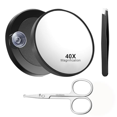 40x Magnifying Mirror with Suction Cups and Tweezers Scissors Set, Travel Magnifying Mirror for Makeup, 40x Cosmetic Mirroring with Strong Magnification for Precise Makeup and Eyebrow Plucking 8.8 cm