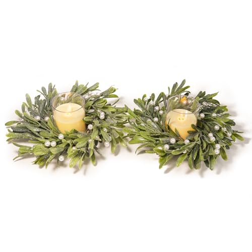 2 Pcs Faux Pearl Candle Rings Wreaths, Pillar Candle Holder with Eucalyptus Leaves, Small Boho Wreath for Door Wedding Wall Window Home Décor (Candle not Included)