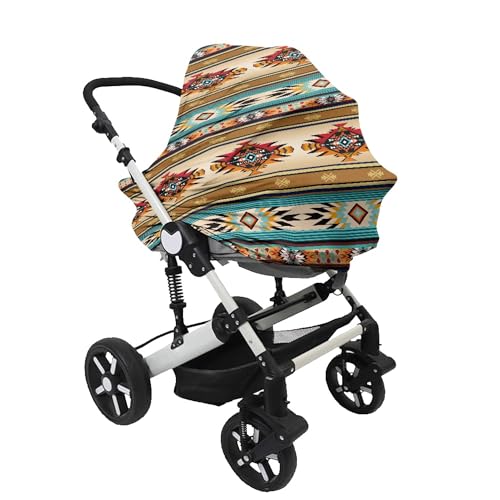Image of Nativa American Indian Tribal Aztec Stripe Geometry Print Nursing Cover Breastfeeding Scarf Southwest Red Pattern Baby Car Seat Covers, Infant Canopy Stroller Coverage for Girls Boys