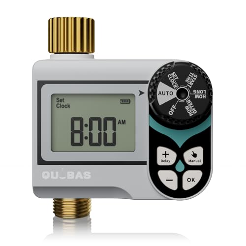 QUOBAS Low Pressure Sprinkler Timer with Brass Inlet & Outlet, Water Timer for Garden Hose, Rain Delay, Manual/Automatic Watering, Ball Valve System Compatible with Rain Barrel