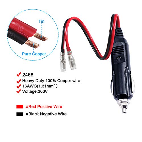 [1Pack] 12Volt Replacement Cigarette Lighter Male Plug With Leads - Car Adapter Dc Battery Charger Kit Connectors Cigar Plugs Power Supply Accessories Heavy Duty Cord Auto Cable Led Light 15Amp #TOP5