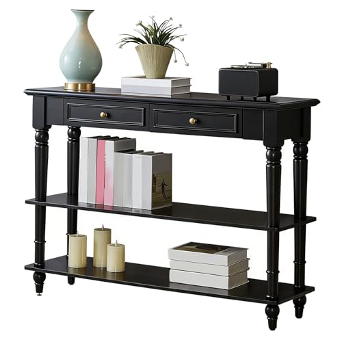 WPWSDWMX Mesa Consola Negra con cajones y Estante Inferior Abierto, Mesa Auxiliar de Madera Maciza para recibidor, Pasillo y Oficina(120cm/47in)
