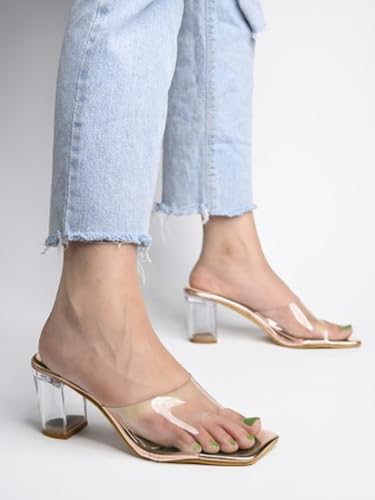 Image of Shoetopia Women's Clear Block Heel Mules || Transparent Strap Slip-On Sandals || Open Toe Chunky Heels