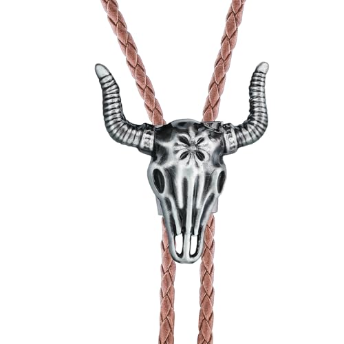 Image of GelConnie Longhorn Bull Bolo Tie for Men Native American Western Cowboy Leather Necktie Bolo Necklace for Women Gold Texas