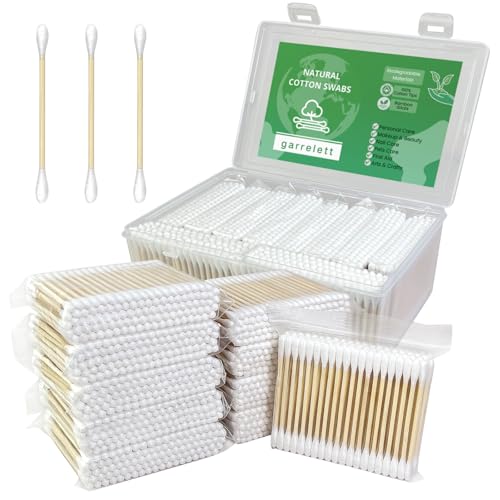 Bamboo Cotton Swabs 1000 Count - Garrelett Natural Organic Cotton Buds For Ear - Ear Sticks with A Storage Box Included - Strong 100% Purely Natural Stick for Makeup, Daily Cleaning, Pet