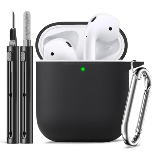 Inesore Compatible with AirpodsCase Cover, Soft Silicone Protective Case for Apple AirPods 2nd/1st Generation Charging Case with Keychain and Cleaner Pen, for Women Men-Black