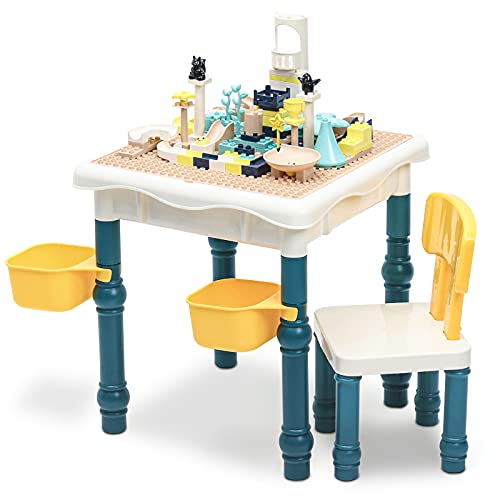 Leogreen Table de Jeux Enfant, Ensemble de Table de Construction pour Enfants, Comprenant 1 Chaise et 121 Large Briques, Plastique, Hauteur Réglable, pour Apprendre Manger Dessiner Jouer Cover