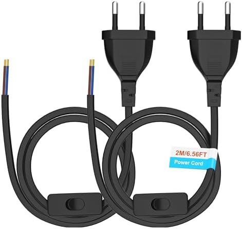 Euro Netzkabel mit Schalter [2 Stück], 2 Meter Euro Stecker Stromkabel, 2 X Ersatzkabel Anschlusskabel mit Schalter Typ C, 2 x 0,75 mm², für Leuchten, Lampen, Leuchtmittel, Schwarz