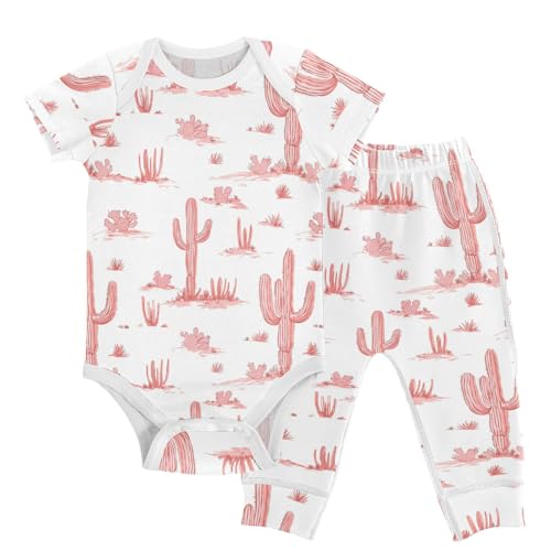 vvfelixl Unisex Short Sleeve Baby Pants Sets,Pink Cactus in Desert Baby Bodysuits Set,Babys Layette Sets Clothes for 18-24M
