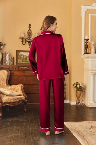 Image of Ekouaer Women Satin Pajamas Set Classic Button Down Long Pjs Set