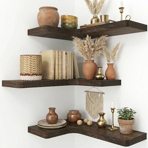 16 Inch Solid Wood Floating Corner Shelves, 3 Pack, Rustic Brown | 40 LBS Capacity, Hidden Brackets, Modern Farmhouse Style, Easy Install, Space-Saving Wall Mount Shelf, Living Room & Bedroom