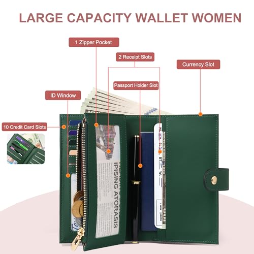 Image of yiijay Womens Wallet RFID Blocking Vegan Leather Trifold Clutch Credit Card Holder Ladies Travel Wallet Purse with Pen Holder, 1Dark Green, 6.3 x 4.1 x 1.3 inches, Rfid Wallet