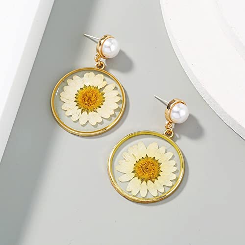 Bg&Wling Pressed Flower Silver Post Earrings For Women Hypoallergenic Daisy Flower Resin Round Circle Dangle Drop Earrings Fashion Jewelry For Women Girls (Pearl Post) #TOP2