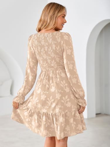 Simplee Womens Long Sleeve Mini Dress Casual Smocked Baydoll A Line Vacation Party Short Fall Dresses with Pockets Beige — view 3