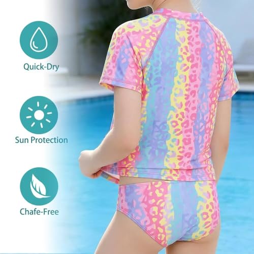 Image of Girls Two Piece Swimsuits Short Sleeve Rash Guard Swim Shirt Bikini Bottom Swim Set Bathing Swim Set Swimwear 3-16 Years