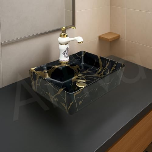 Image of Artiva Designer Ceramic Table Top Wash Basin For Bathroom /Wall Mounted Bathroom Sink /Wall Hung Washbasin /Black Wash Basin For Cabinet, Countertop, Vanity (Porto Black 16 x 12 x 5 Inch)